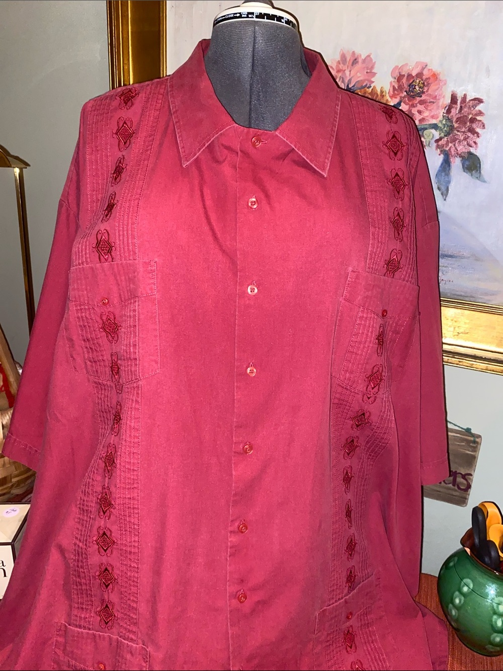 Foxfire Men’s Red Guayabera Short Sleeve Shirt embroidered details SZ 6XT (M818)